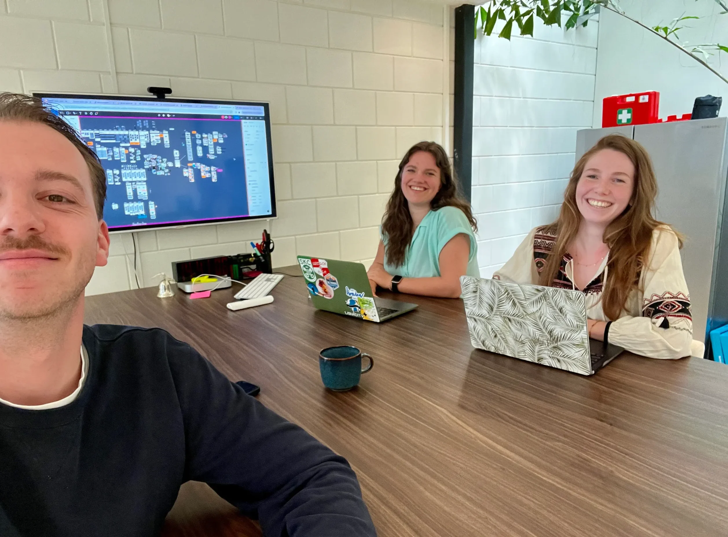 Groepsfoto van de 360 graden feedback bespreking met Luc, Tessa en Anne
